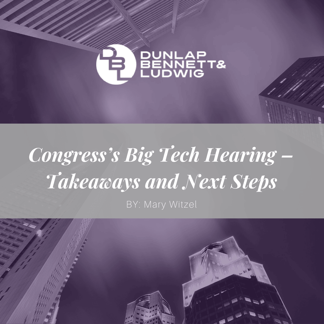 small graphic purple buildings with grey band Congress Big Tech Hearing Takeaway and next steps small